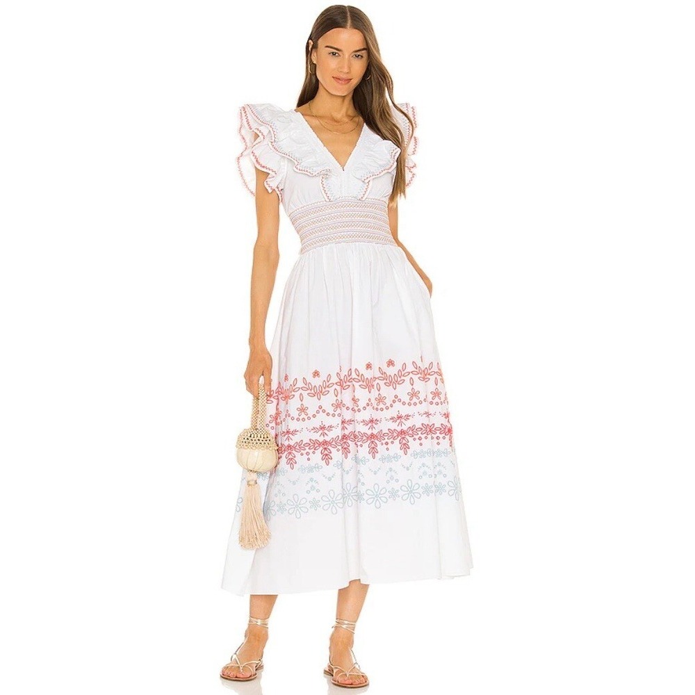 NWT Something‎ Navy Natalie Smocked Embroidered Dress White Size L Retail $198